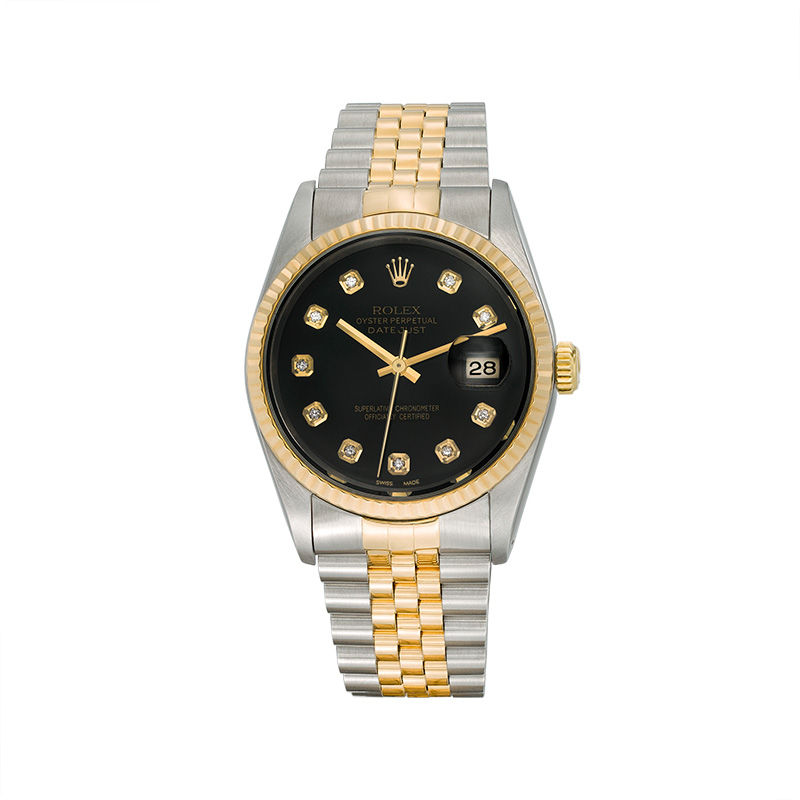 Previously Owned - Men's Rolex Datejust 1/10 CT. T.W. Diamond Two-Tone 18K Gold Watch with Black Dial (Model: 16233)