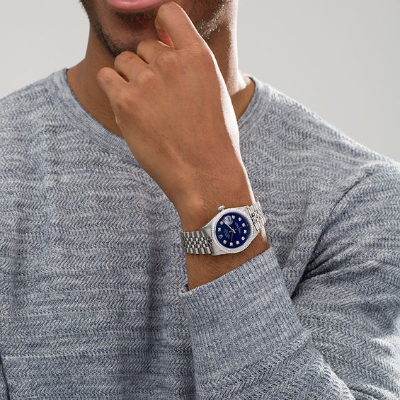 Previously Owned - Men's Rolex Datejust 1 CT. T.w. Diamond 18K White Gold Watch with Blue Dial (Model: 16220)
