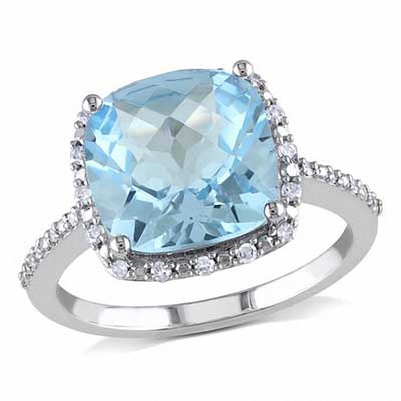 10.0mm Cushion-Cut Blue Topaz and 1/10 CT. T.W. Diamond Ring in 10K ...