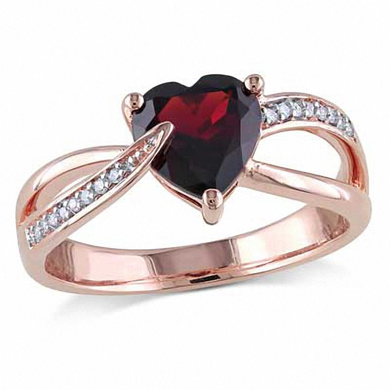 7.0mm Heart-Shaped Garnet and Diamond Accent Engagement Ring in 10K Rose Gold