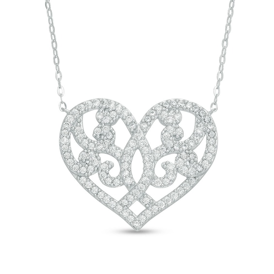 AVA Nadri Cubic Zirconia Ornate Heart Necklace in White Rhodium Brass