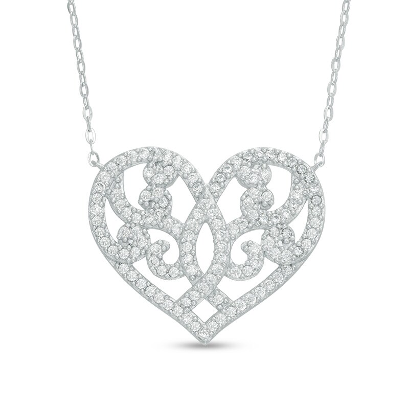 Main Image 1 of AVA Nadri Cubic Zirconia Ornate Heart Necklace in White Rhodium Brass