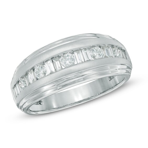 1 CT. T.w. Round and Baguette Diamond Wedding Band in 14K White Gold