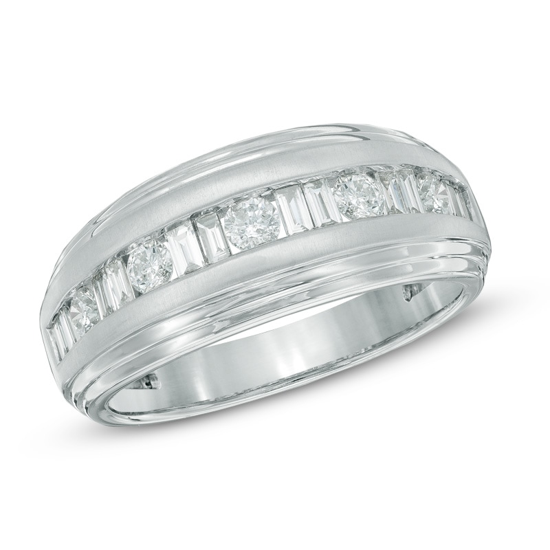 Men's 1 CT. T.W. Round and Baguette Diamond Wedding Band in 14K White Gold