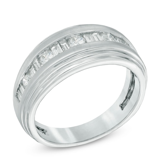 1 CT. T.w. Round and Baguette Diamond Wedding Band in 14K White Gold