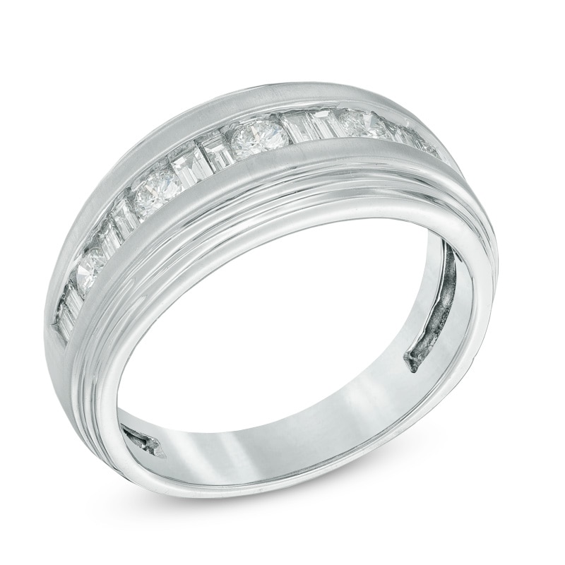 Men's 1 CT. T.W. Round and Baguette Diamond Wedding Band in 14K White Gold