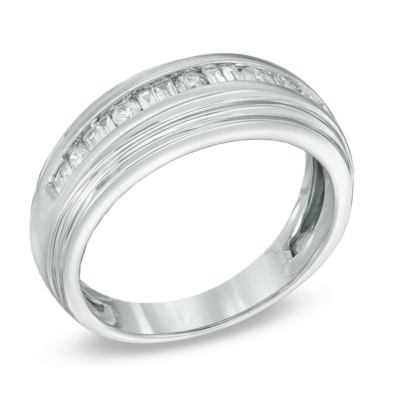 Men's 1/2 CT. T.W. Round and Baguette Diamond Wedding Band in 14K White Gold