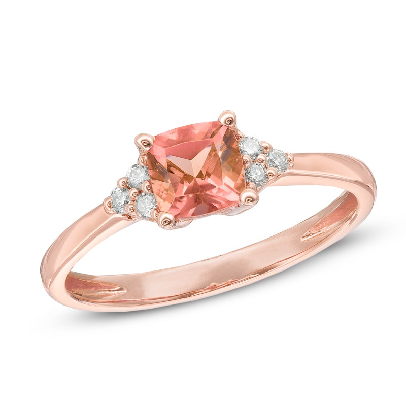 5.0mm Cushion-Cut Pink Tourmaline and Diamond Accent Ring in 10K Rose Gold