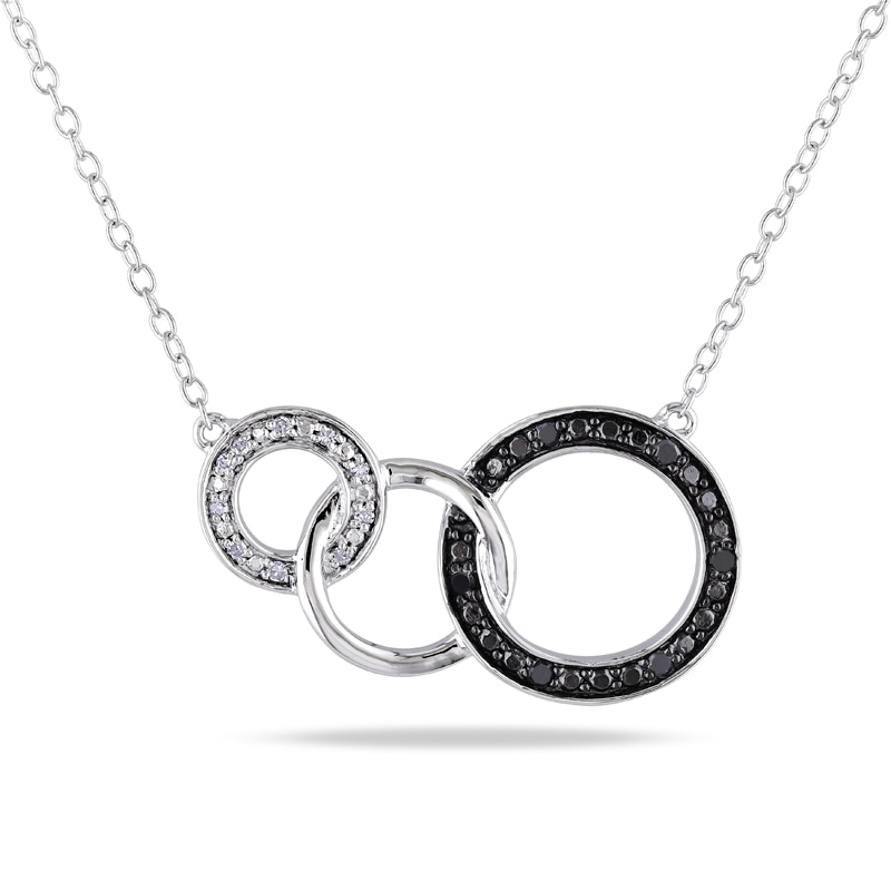 Main Image 1 of 1/10 CT. T.W. Enhanced Black and White Diamond Three Interlocking Circles Necklace in Sterling Silver