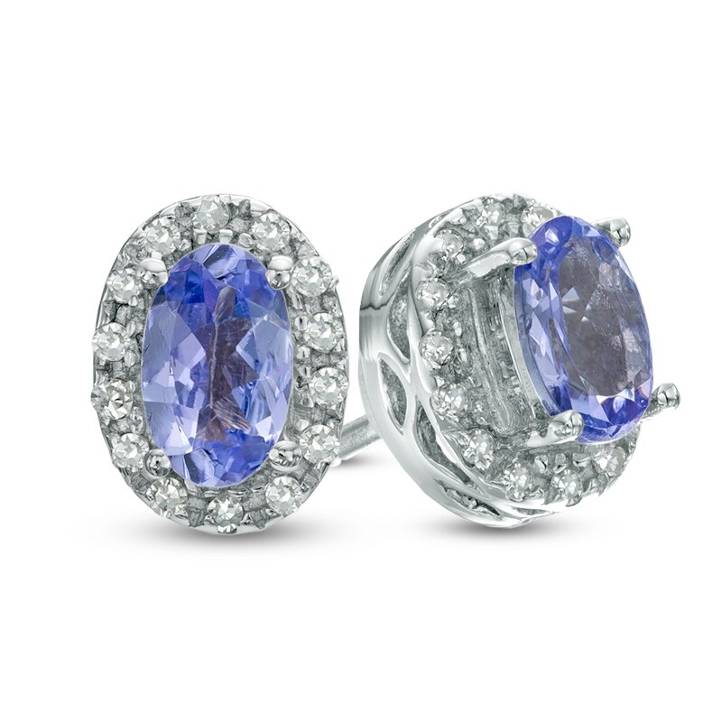 Main Image 1 of Oval Tanzanite and Diamond Accent Frame Stud Earrings in Sterling Silver