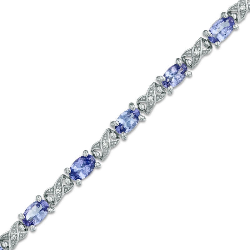 Main Image 1 of Oval Tanzanite and Diamond Accent "X" Link Bracelet in Sterling Silver