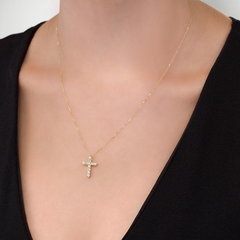Main Image 2 of 1/2 CT. T.W. Certified Diamond Cross Pendant in 14K Gold (I/I2)