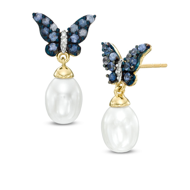 8.0mm Cultured Freshwater Pearl, Blue Sapphire and Diamond Accent Butterfly Drop Earrings in 10K Gold