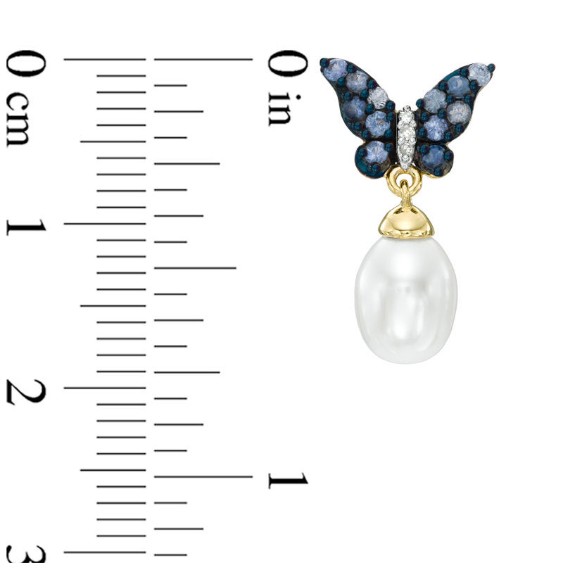 8.0mm Cultured Freshwater Pearl, Blue Sapphire and Diamond Accent Butterfly Drop Earrings in 10K Gold