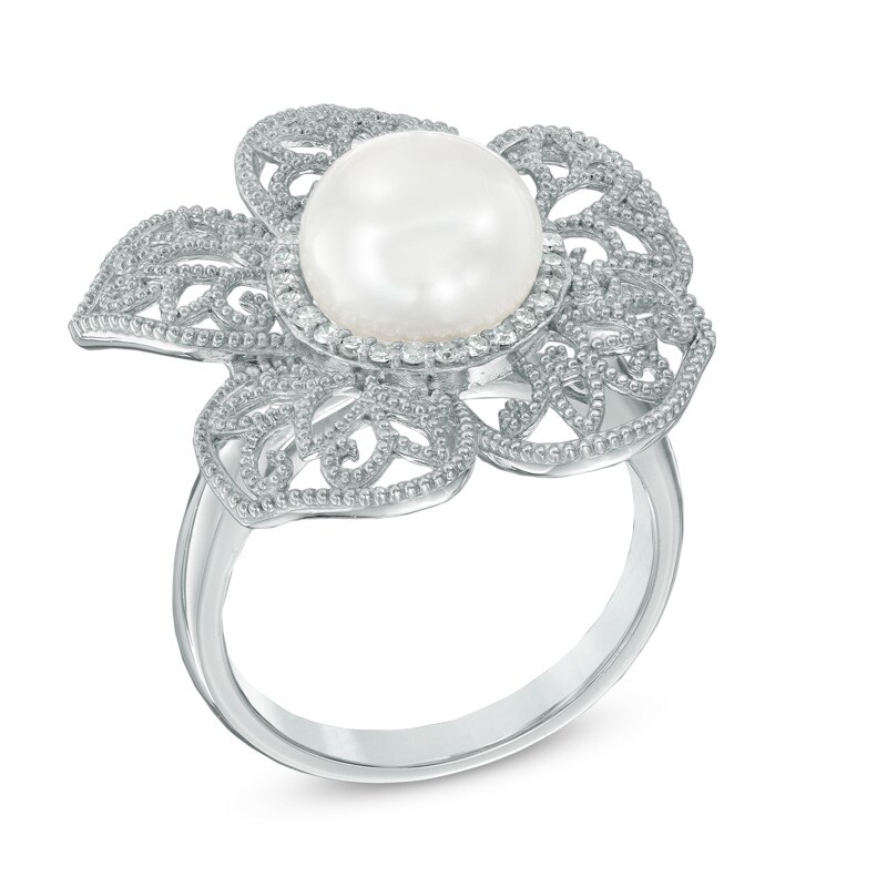 9.0mm Cultured Freshwater Pearl and 1/8 CT. T.W. Diamond Flower Ring in Sterling Silver