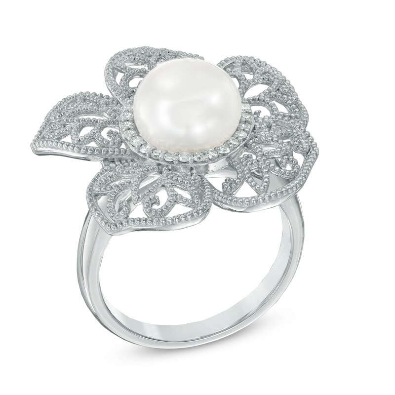 9.0mm Freshwater Cultured Pearl and 1/8 CT. T.W. Diamond Flower Ring in Sterling Silver