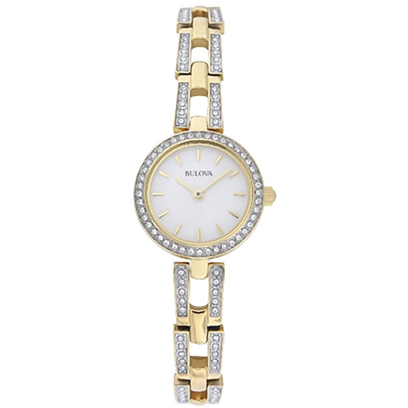 Ladies' Bulova Crystal Accent Gold-Tone Watch with Mother-of-Pearl Dial (Model: 98L213)