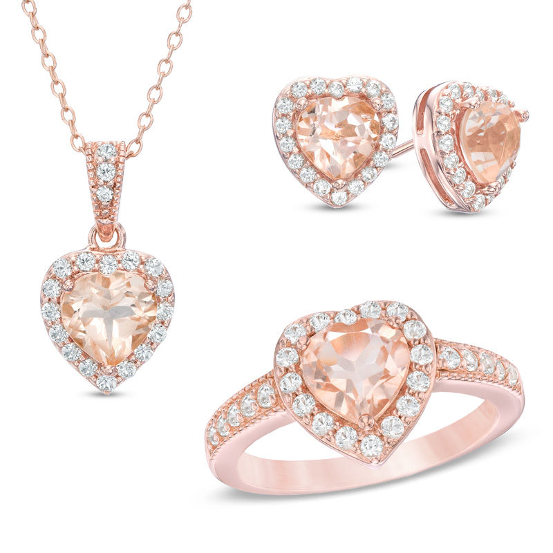 Main Image 1 of Pink Quartz Doublet and Lab-Created White Sapphire Pendant, Ring and Earrings Set in 18K Gold Plated Sterling Silver
