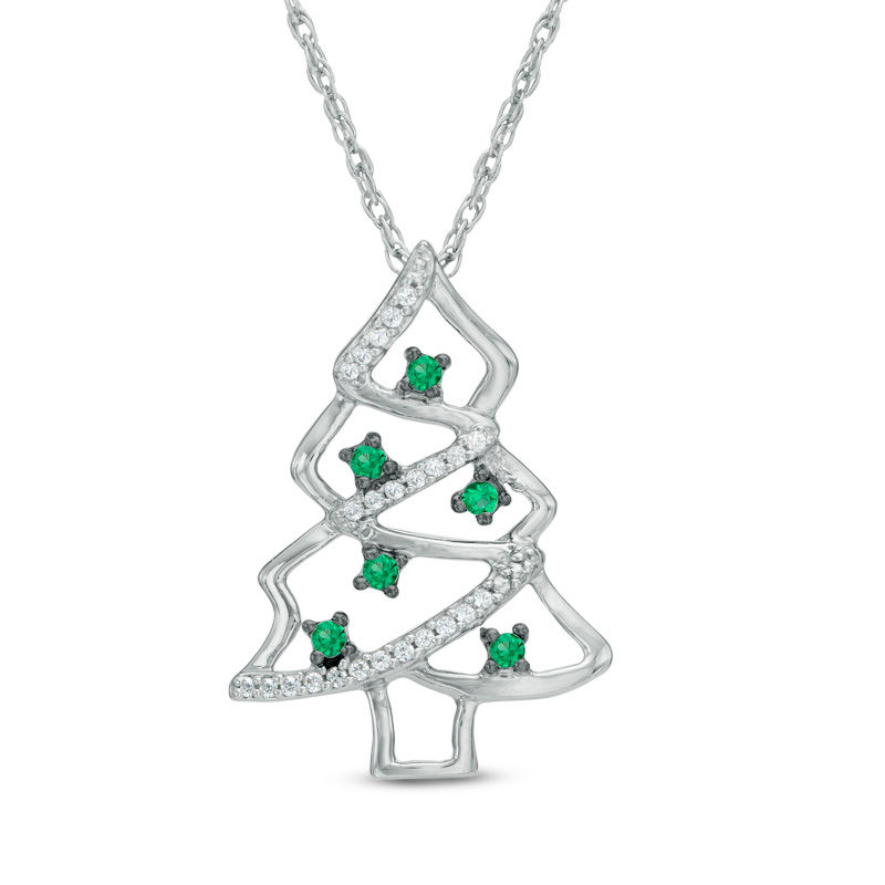 Main Image 1 of 1/8 CT. T.W. Enhanced Green and White Diamond Christmas Tree Pendant in Sterling Silver