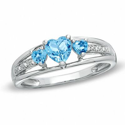 Blue Topaz 10K White Gold Ring with Heart Motif Garnet and Diamonds 
