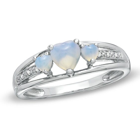 Heart-Shaped Lab-Created Opal and Diamond Accent Three Stone Promise Ring in 10K White Gold Heart-Shaped Lab-Created Opal and Diamond Accent Three Stone Promise Ring in 10K White Gold