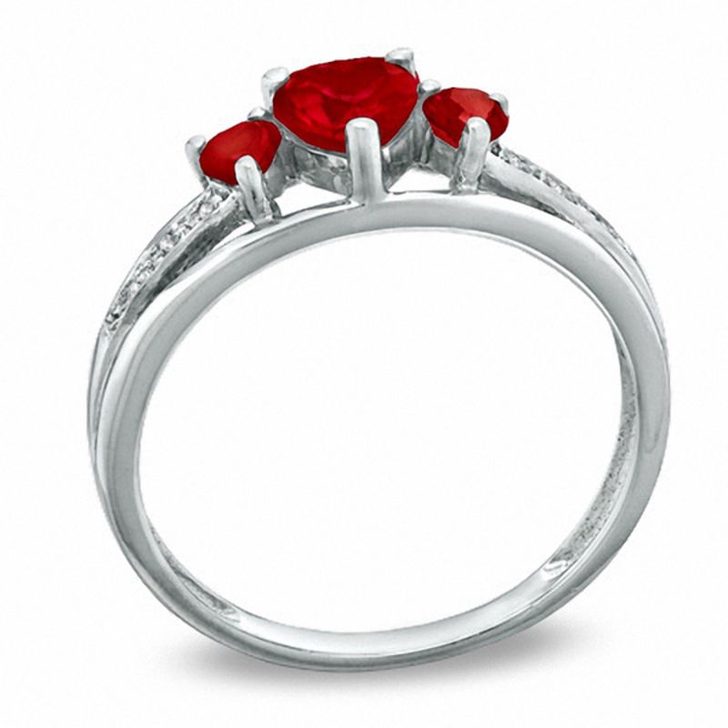 Heart-Shaped Lab-Created Ruby and Diamond Accent Three Stone Promise Ring in 10K White Gold
