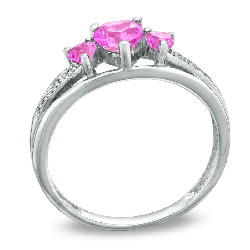 Heart-Shaped Lab-Created Pink Sapphire and Diamond Accent Three Stone Promise Ring in 10K White Gold