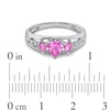 Thumbnail Image 2 of Heart-Shaped Lab-Created Pink Sapphire and Diamond Accent Three Stone Promise Ring in 10K White Gold