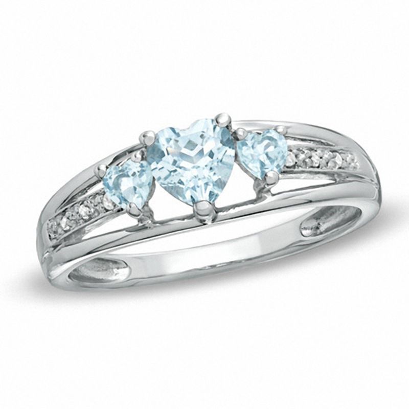 Heart-Shaped Simulated Aquamarine and Diamond Accent Three Stone Promise Ring in 10K White Gold