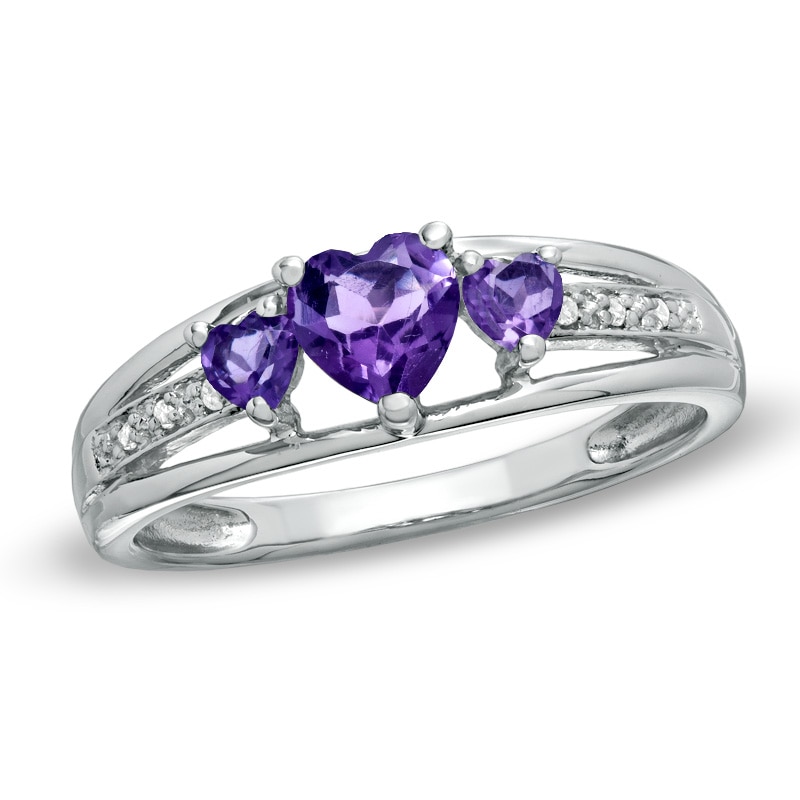 Heart-Shaped Amethyst and Diamond Accent Three Stone Promise Ring in 10K White Gold