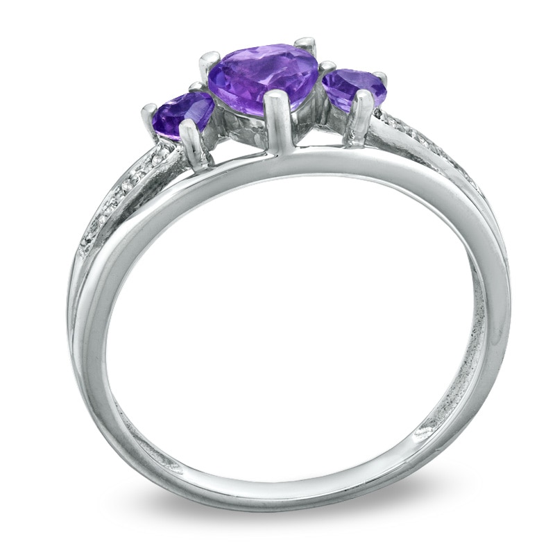 Heart-Shaped Amethyst and Diamond Accent Three Stone Promise Ring in 10K White Gold