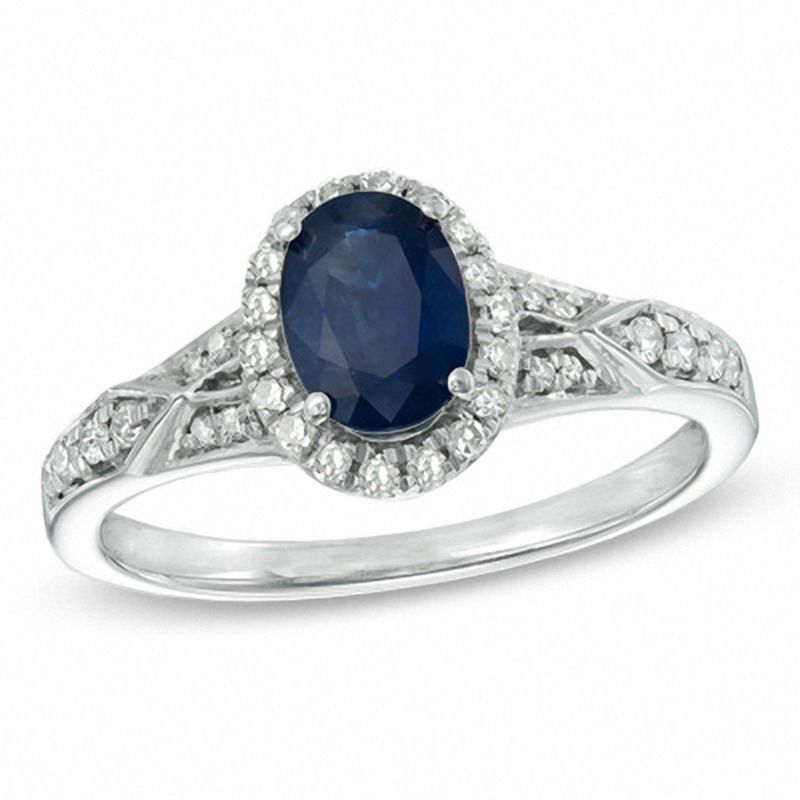 Main Image 1 of Oval Blue Sapphire and 1/5 CT. T.W. Diamond Ring in Sterling Silver
