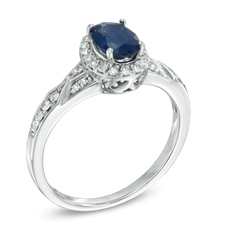 Main Image 2 of Oval Blue Sapphire and 1/5 CT. T.W. Diamond Ring in Sterling Silver