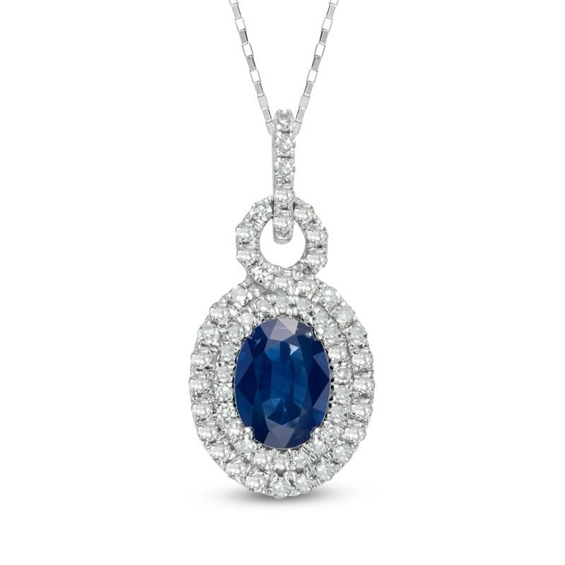 Main Image 1 of Oval Blue Sapphire and 1/4 CT. T.W. Diamond Pendant in 10K White Gold