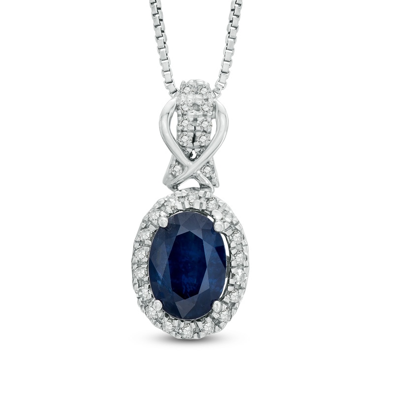 Oval Blue Sapphire and 1/5 CT. T.W. Diamond Pendant in Sterling Silver