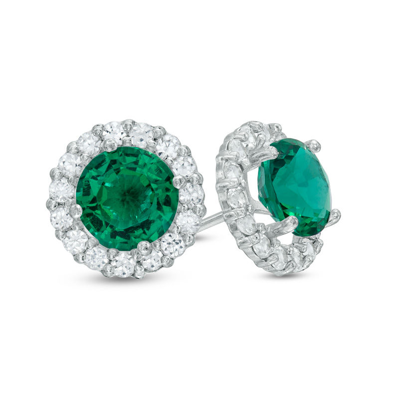 Main Image 1 of 6.0mm Lab-Created Emerald and White Sapphire Frame Stud Earrings in 10K White Gold