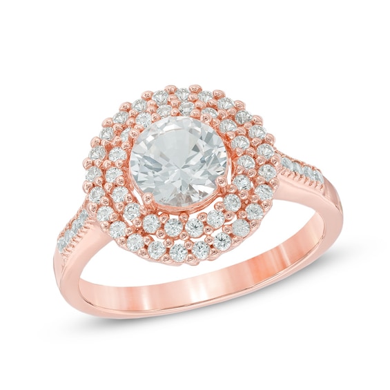 6.5mm Lab-Created White Sapphire Double Frame Ring in Sterling Silver with 18K Rose Gold Plate
