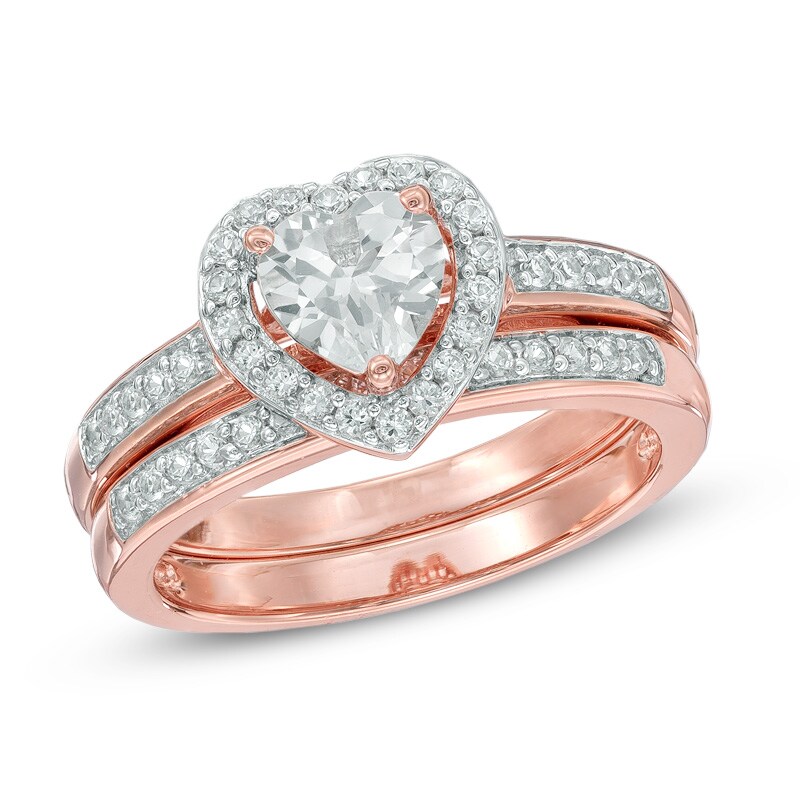 Main Image 1 of 6.0mm Heart-Shaped Lab-Created White Sapphire Fashion Ring Set in Sterling Silver with 14K Rose Gold