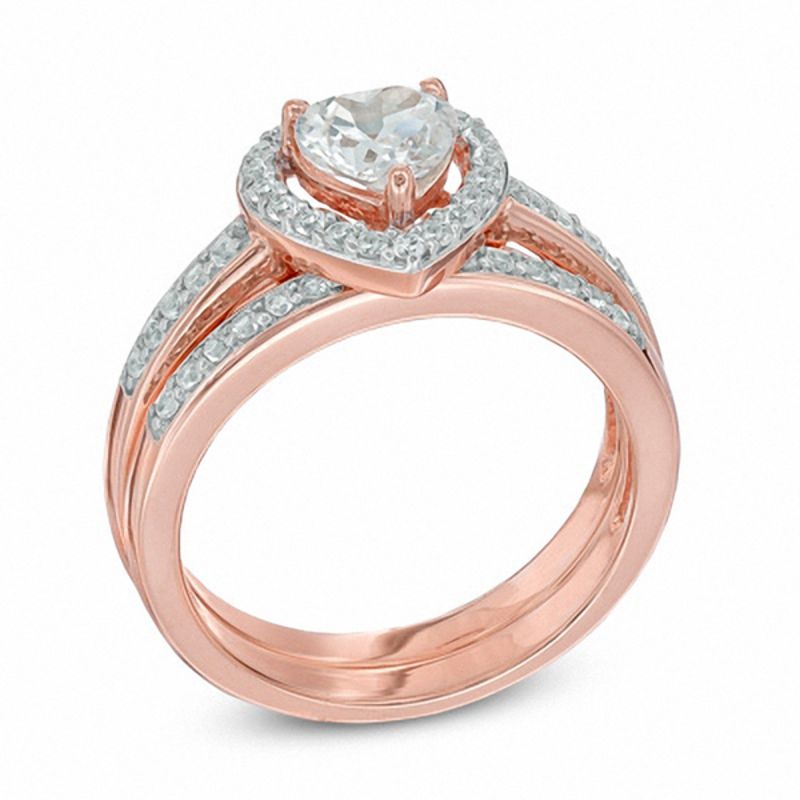 6.0mm Heart-Shaped Lab-Created White Sapphire Fashion Ring Set in Sterling Silver with 14K Rose Gold