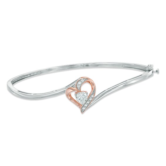 4.5mm Heart-Shaped Lab-Created White Sapphire Heart Bangle in Sterling Silver with 14K Rose Gold Plate