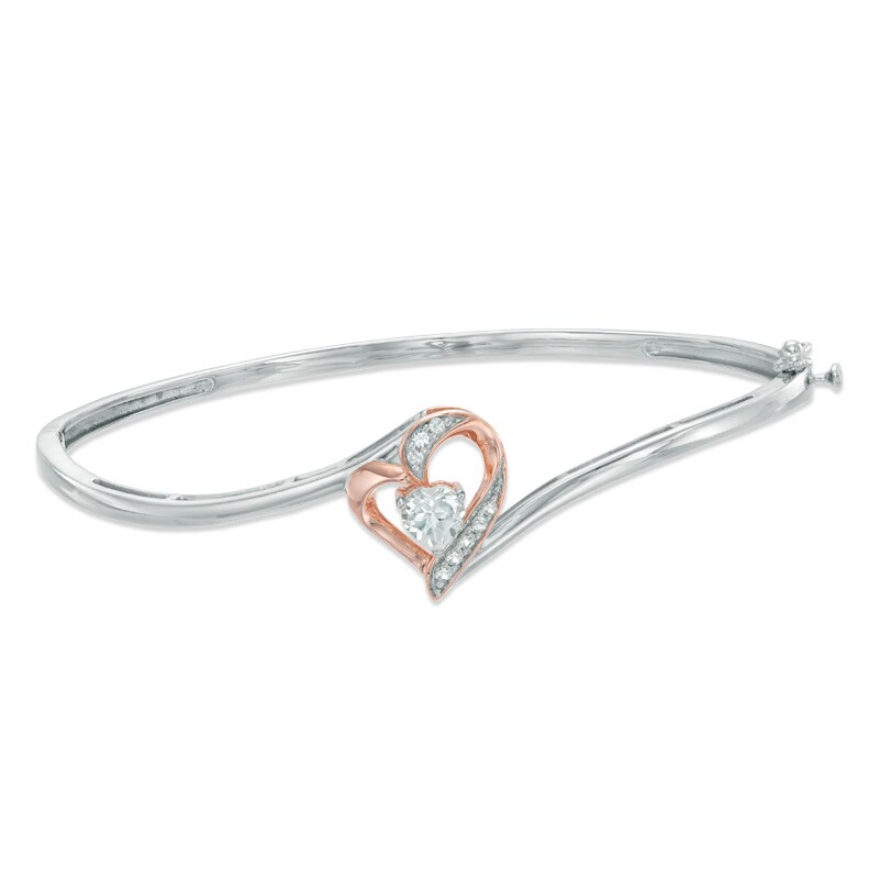 Main Image 1 of 4.5mm Heart-Shaped Lab-Created White Sapphire Heart Bangle in Sterling Silver with 14K Rose Gold Plate