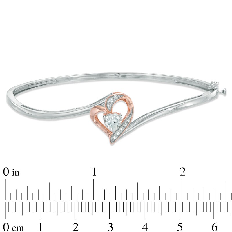 Main Image 2 of 4.5mm Heart-Shaped Lab-Created White Sapphire Heart Bangle in Sterling Silver with 14K Rose Gold Plate