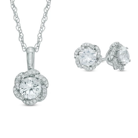 Lab-Created White Sapphire Flower Pendant and Earrings Set in Sterling Silver