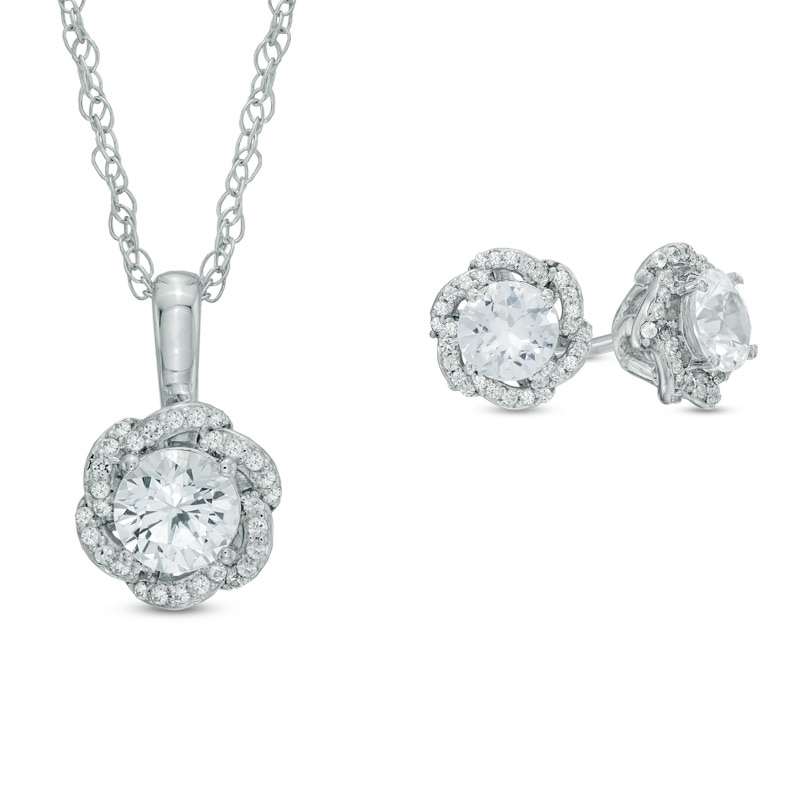 Main Image 1 of Lab-Created White Sapphire Flower Pendant and Earrings Set in Sterling Silver