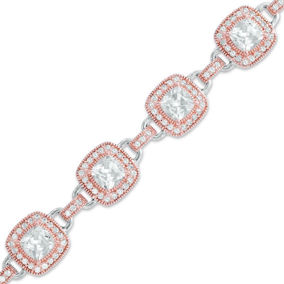5.5mm Cushion-Cut Lab-Created White Sapphire Bracelet in Sterling Silver with 18K Rose Gold Plate - 7.25"