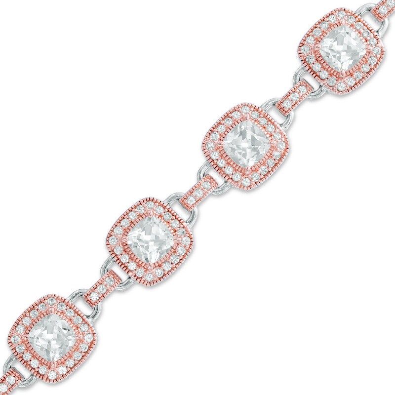 Main Image 1 of 5.5mm Cushion-Cut Lab-Created White Sapphire Bracelet in Sterling Silver with 18K Rose Gold Plate - 7.25&quot;