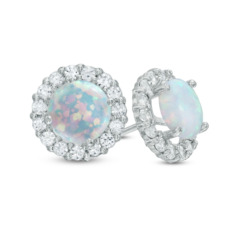 Main Image 1 of 6.0mm Lab-Created Opal and White Sapphire Frame Stud Earrings in 10K White Gold