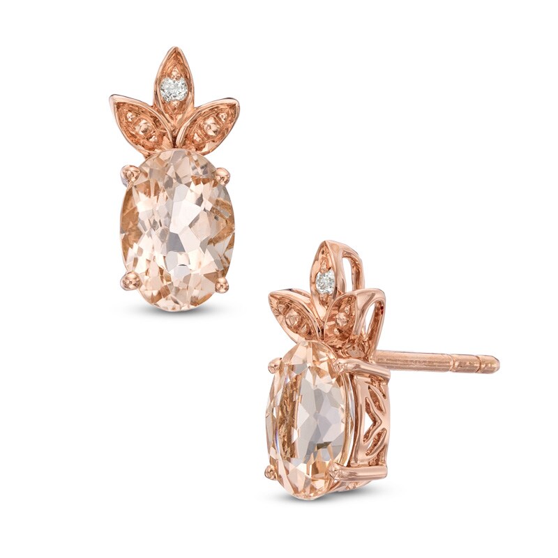 Main Image 1 of Oval Morganite and Diamond Accent Leaf Stud Earrings in 10K Rose Gold