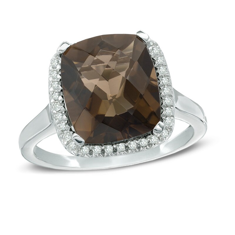 Main Image 1 of Cushion-Cut Smoky Quartz and 1/8 CT. T.W. Diamond Frame Ring in Sterling Silver