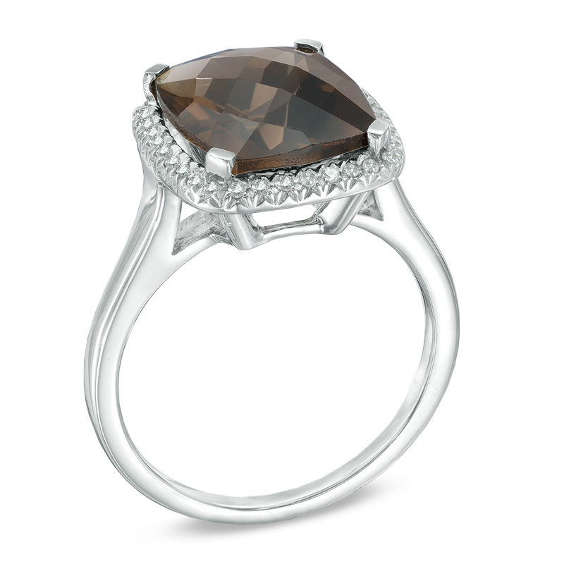 Main Image 2 of Cushion-Cut Smoky Quartz and 1/8 CT. T.W. Diamond Frame Ring in Sterling Silver
